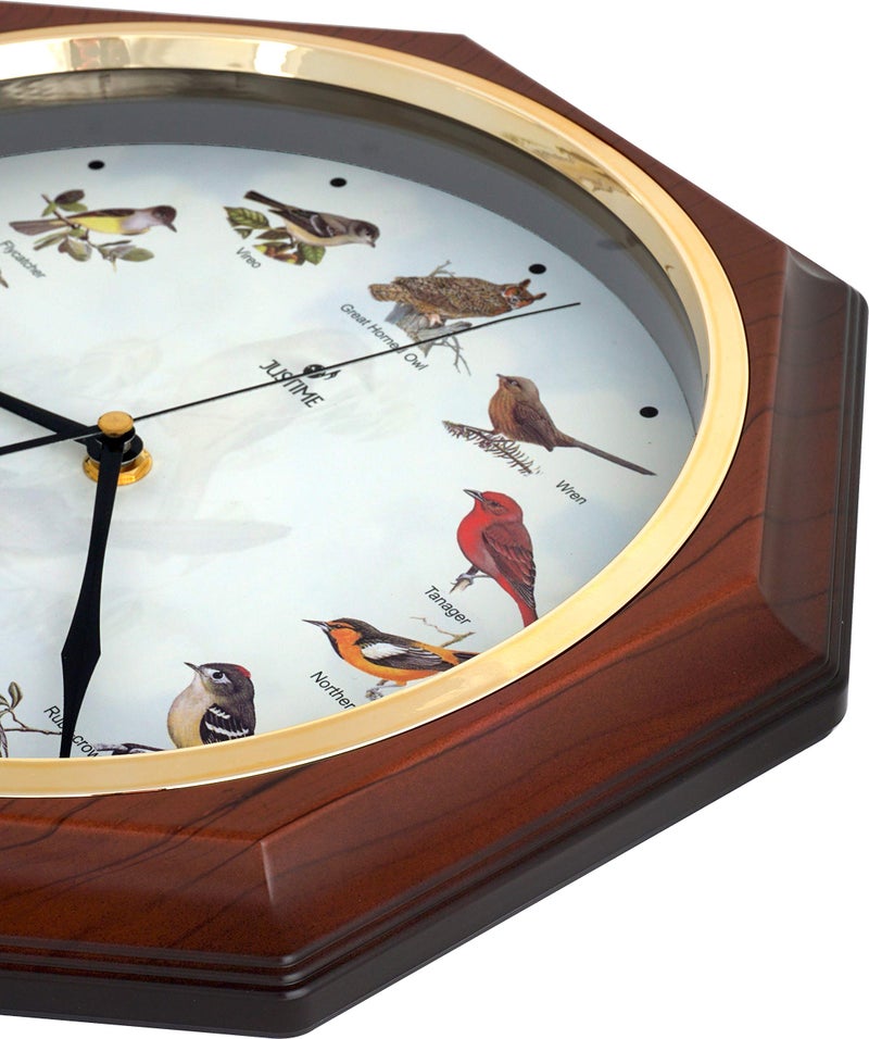 JUSTIME Unique 12 North America Bird's Song Schoolhouse Pendulum Wall Clock Chimes Every Hour Melody Made in Taiwan (TCBD-PP-OWL-DW Dark Wood) - Image 2